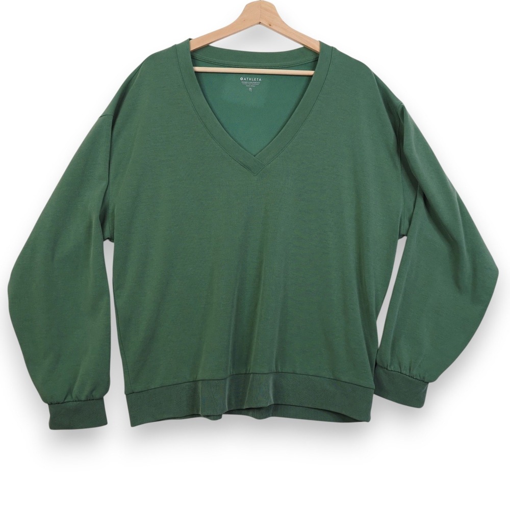Athleta Womens Willow V Neck Sweatshirt XL Green Modal Lounge Athleisure‎ *FLAW*